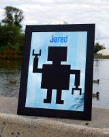8-1/2 x 11 inch personalized artwork made from DyeTrans bright silver aluminum sheet stock. 

